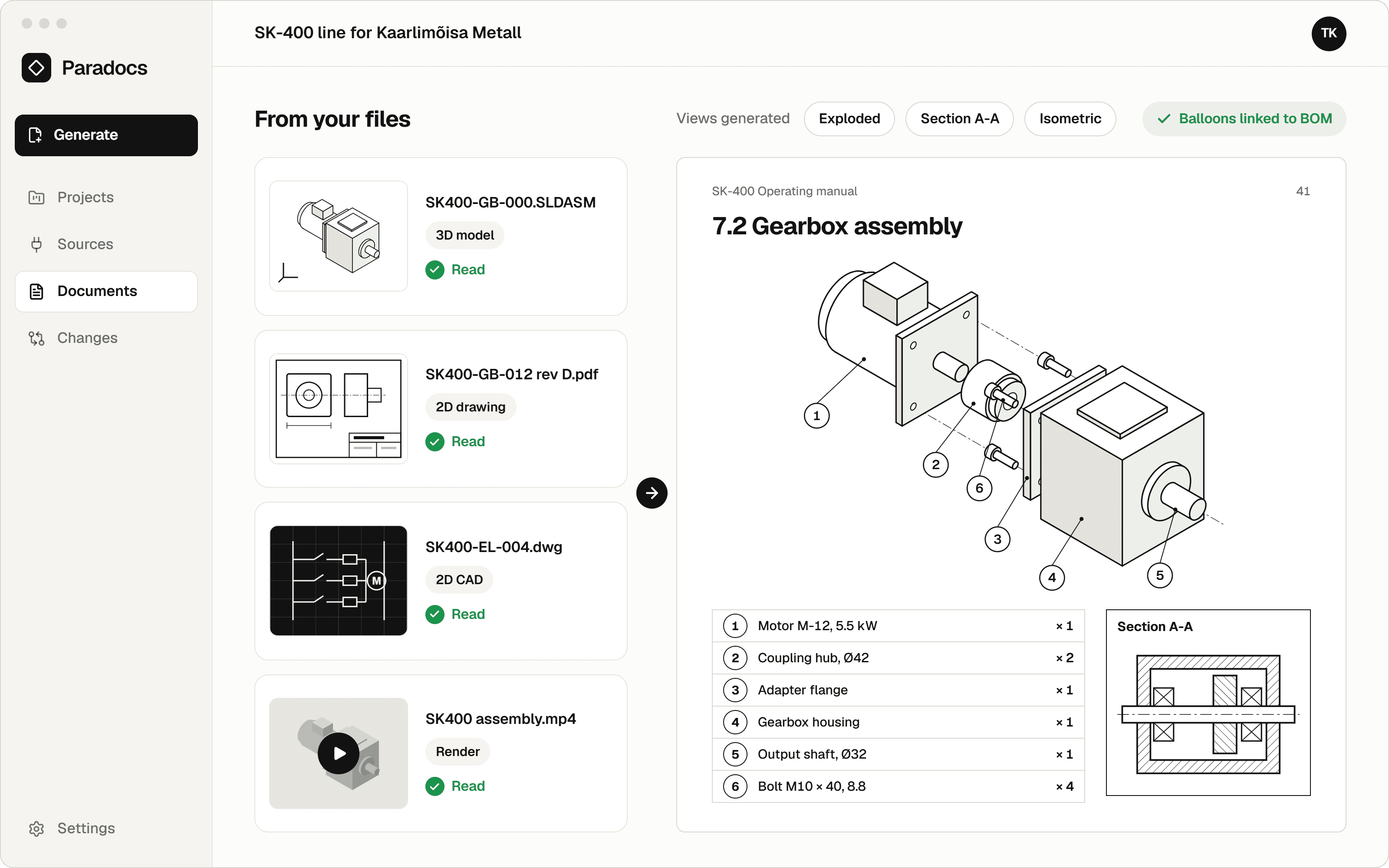 From your files: a 3D model, a 2D drawing, a 2D CAD schematic and a render, all read. Operating manual section 7.2 Gearbox assembly, drawn from them: an exploded view with six balloons, a parts list linked to the BOM and section A-A.
