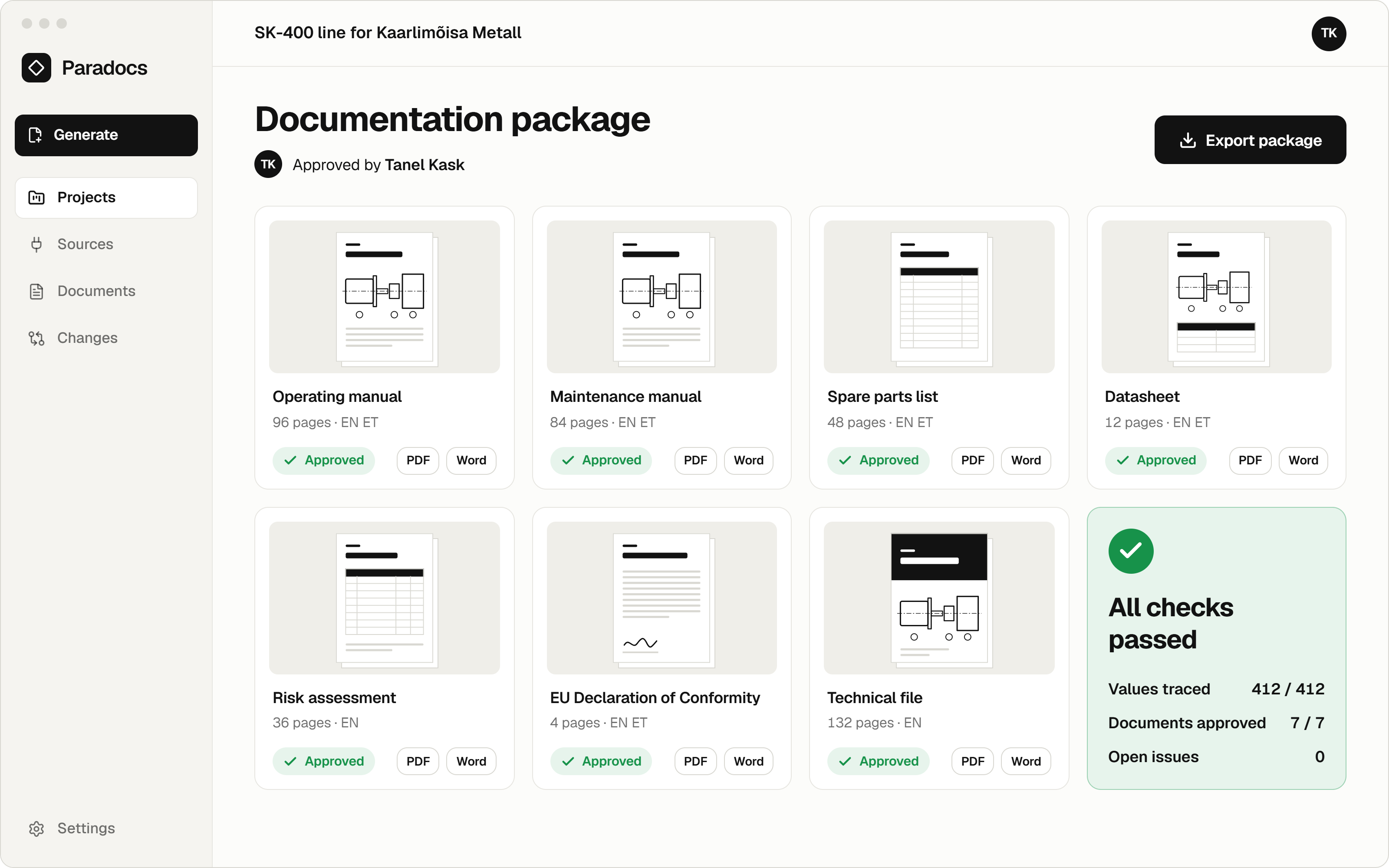 The documentation package for the SK-400 line: seven documents approved by Tanel Kask, each with PDF and Word export, and all checks passed with 412 of 412 values traced.